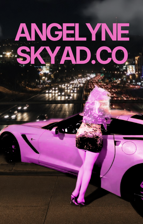 Angelyne leaning against her pink Corvette beneath the ANGELYNE SKYAD.CO Hollywood freeway skyline at night